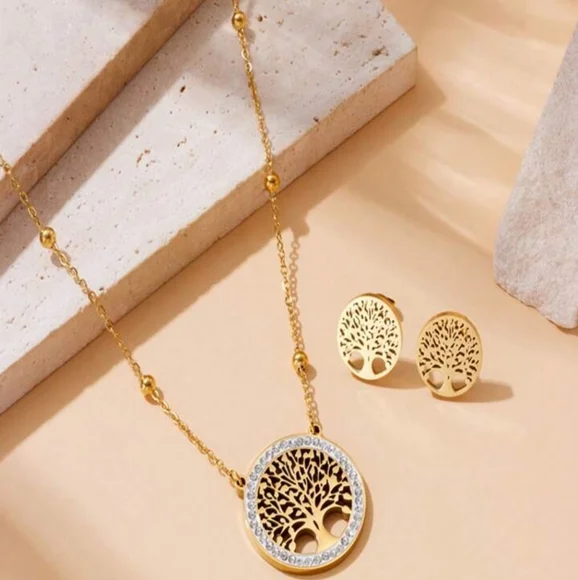Elegant Tree of Life Necklace and Earrings Set Gold Plated Jewelry - Picture 2 of 5